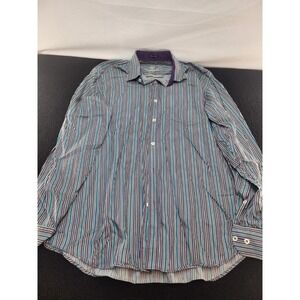 Bugatchi Uomo Shirt Mens L Blue Striped Long Sleeve Button Front 100% Cotton